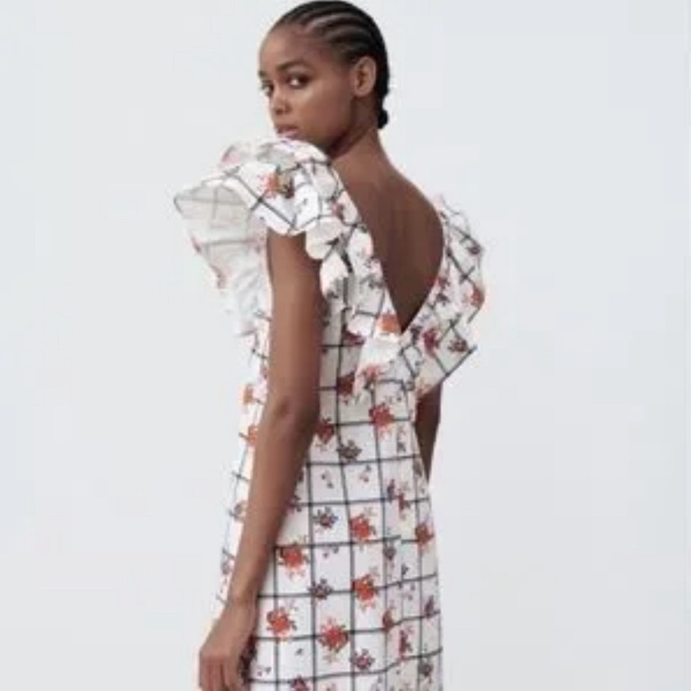 ZARA Ruffle Collar Floral Check Midi Dress - Picture 2 of 14
